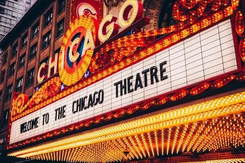 The Chicago Theatre marquee lit up at night