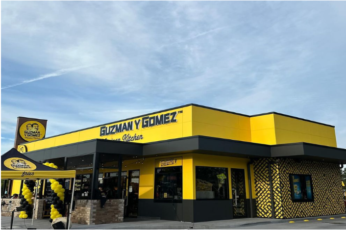 Yellow building with black accents and "Guzman Y Gomez" name on building with a cloudy blue sky in the background